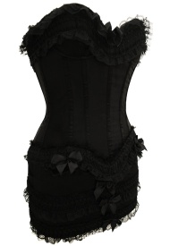 Gorgeous black satin and black lace corset set cheap, corset skirt and corset top