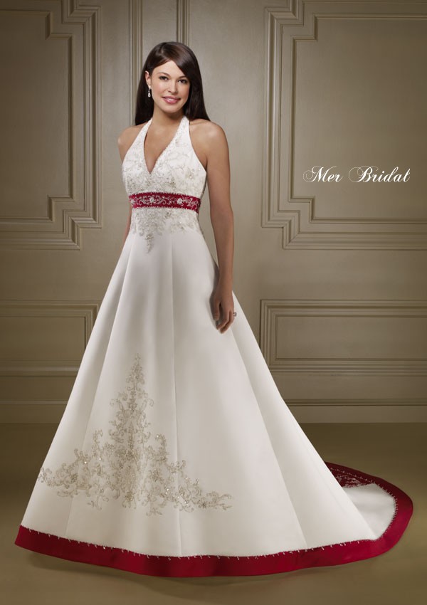 A-line Halter Chapel Train Satin Wedding Dress(BS 0024)