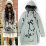 Korean Hooded Giraffe Women Long Coat Gray