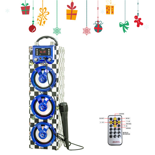 Output power	3W*3	QTY:10pcs Frequency response	120 Hz-18KHz	N.W:24.8KG Horn Size	4inch*4Ω	G.W:33.5KG Built-in battery	lithium battery 3.7V/2000MAh	Size:150*181*568MM