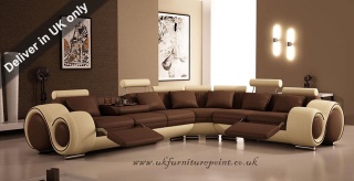 Designer Brown and Cream Corner Recliner Leather Sofa (Model: T27C)