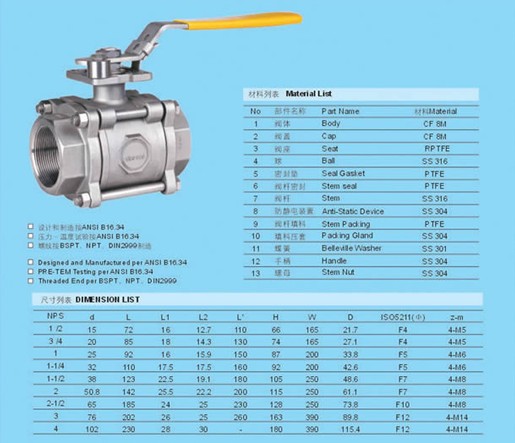 3PC full bore 1000PSI stainless steel ball valve