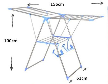 Drying rack specification: Open Size:156×61×100cm  Material: SS + carbon steel  Tube Size:Ø19/9mm×0.5mm  Packing: Shink + caps /set, 6set/ctn  G/N Weight:3.0kgs/set  Carton Size:108×46×62cm=0.308CBM