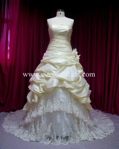 A-line Strapless Chapel Train Satin Lace Pick-up Wedding Dress