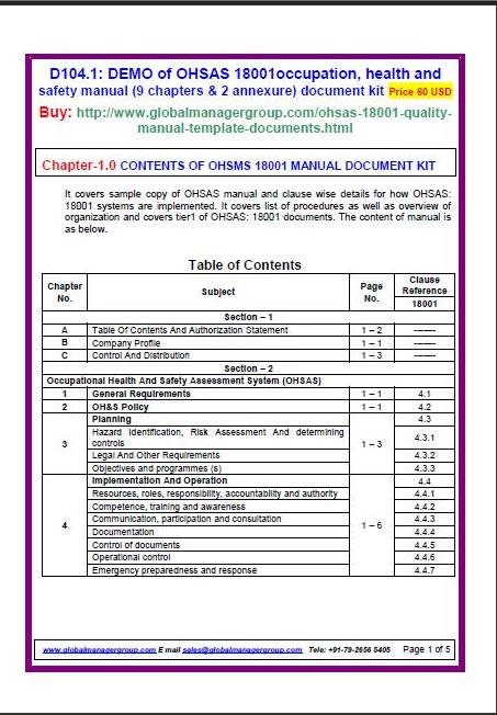 OHSAS 18001 Occupational, Health and Safety Manual document kit