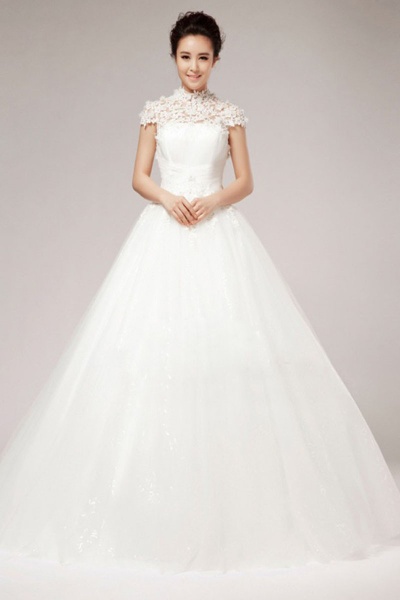 A-line High Neck Short Sleeve Appliques Floor-length Designer Informal Wedding Dress